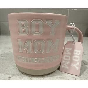 BOY MOM Pink & White Hand Painted 17oz Mug Prima Design New w Gift Tag